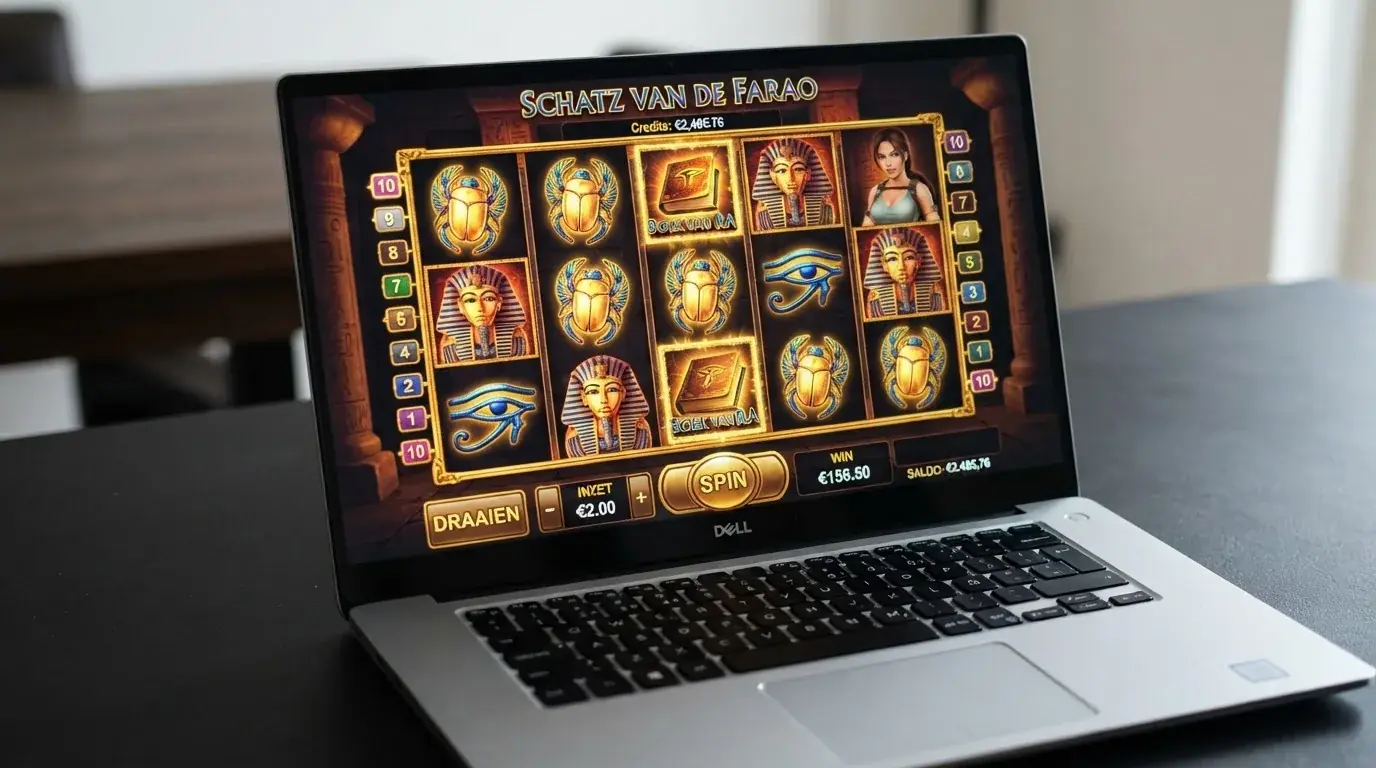 Het spelvenster van Book of Aztec Select met de 5 rollen, het boek-symbool als scatter, en de 10 winlijnen zichtbaar in het Nederlandse casino-interface.