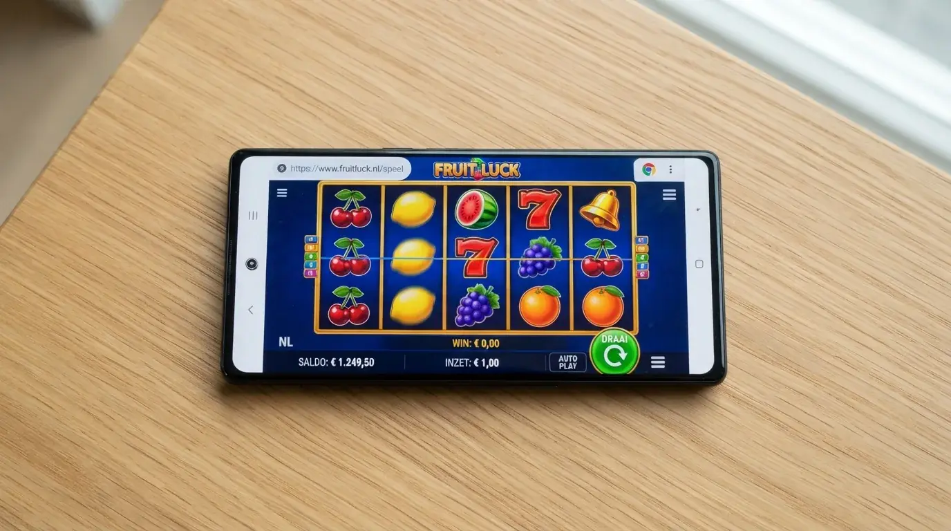 Een smartphone in liggende stand met een Amatic-gokkast actief in de mobiele browser, het touchscreen toont de spin-knop en het saldo in euro's.