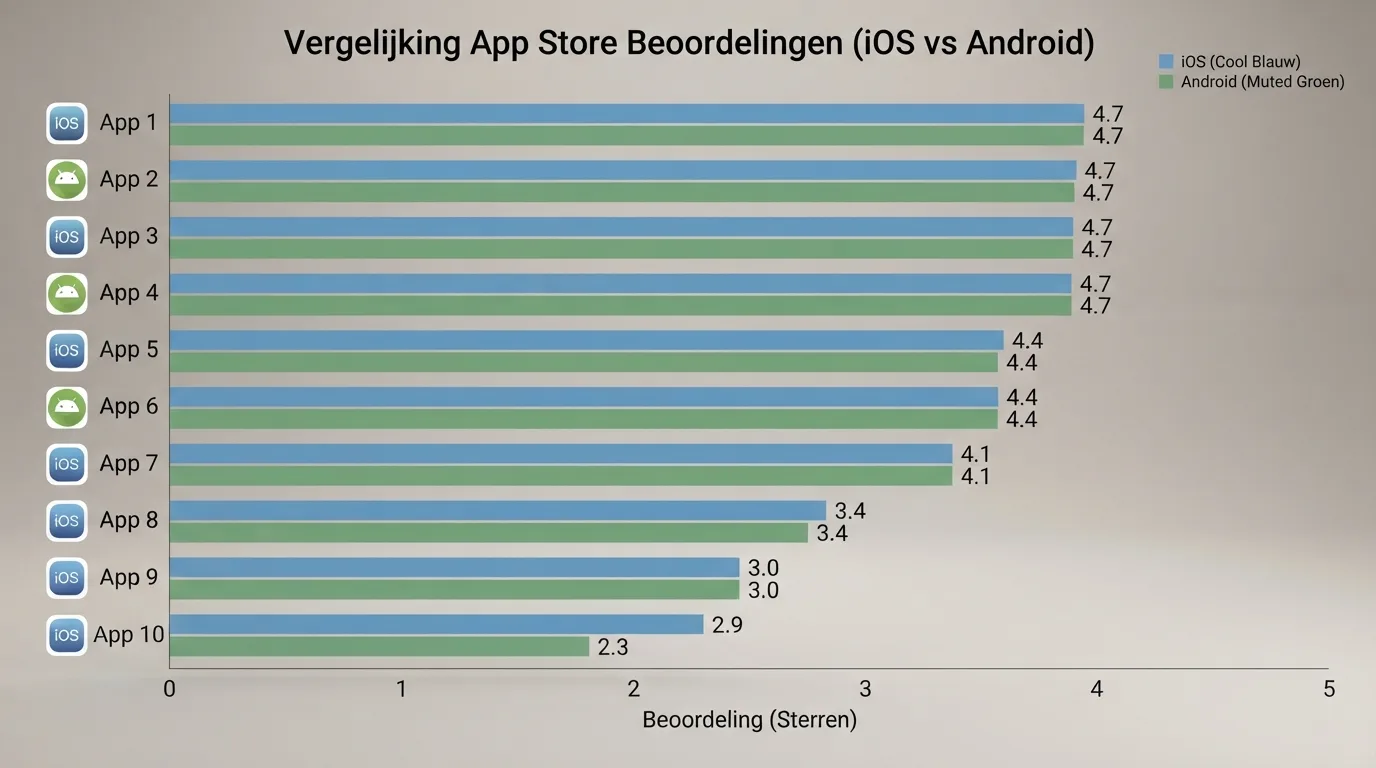 Een visuele vergelijking van iOS- en Android-scores van meerdere Nederlandse casino apps, aflopend gerangschikt