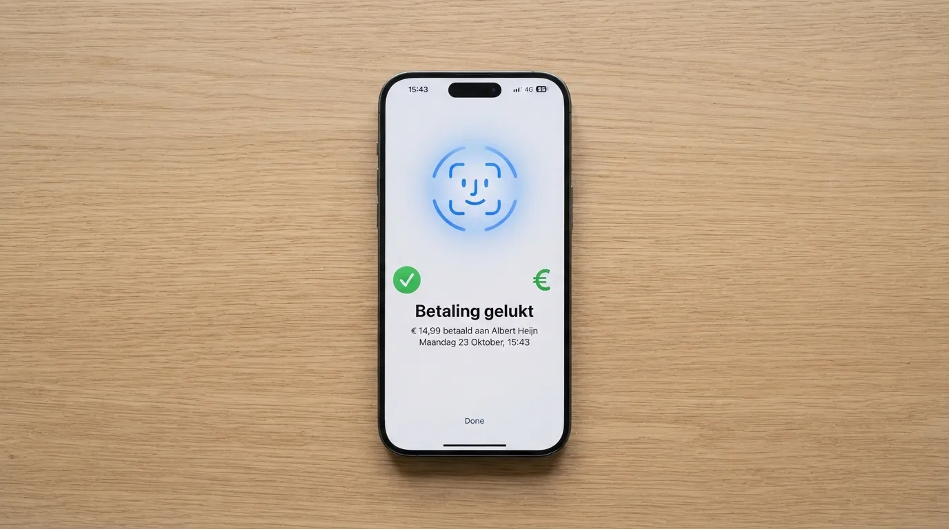 Het scherm van een iPhone toont opeenvolgend: Wallet openen, kaart selecteren, Face ID-scan en de bevestiging 'Betaling gelukt'