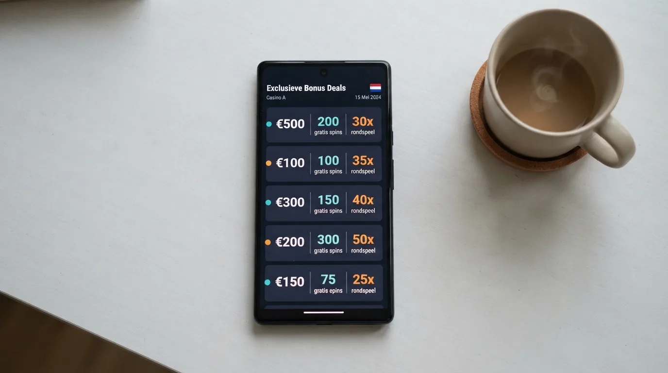Een overzichtstabel van de tien vergeleken casino apps met hun bonusbedragen en rondspeelvoorwaarden op een Android-scherm