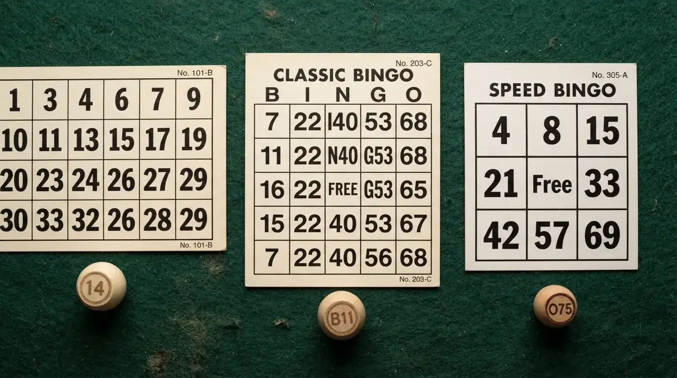 Drie bingokaarten naast elkaar: een Bingo 90-kaart (3×9), een Bingo 75-kaart (5×5) en een HexaBingo-kaart (3×3)