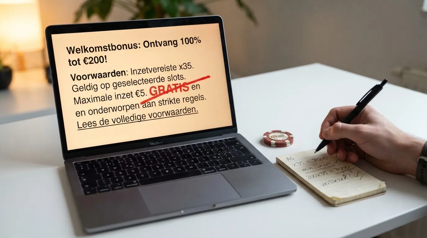 Een close-up van bonusvoorwaarden op een scherm, met een doorgestreepte 'gratis' en een rekenmachine ernaast.
