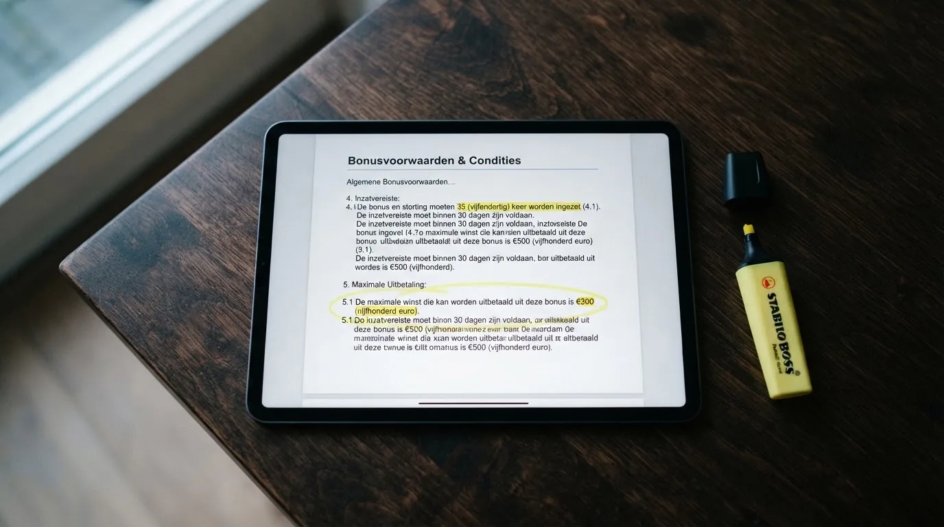 Een close-up van een tabletscherm met bonusvoorwaarden, waarin inzetvereiste en maximale uitbetaling met een markeerstift zijn gearceerd