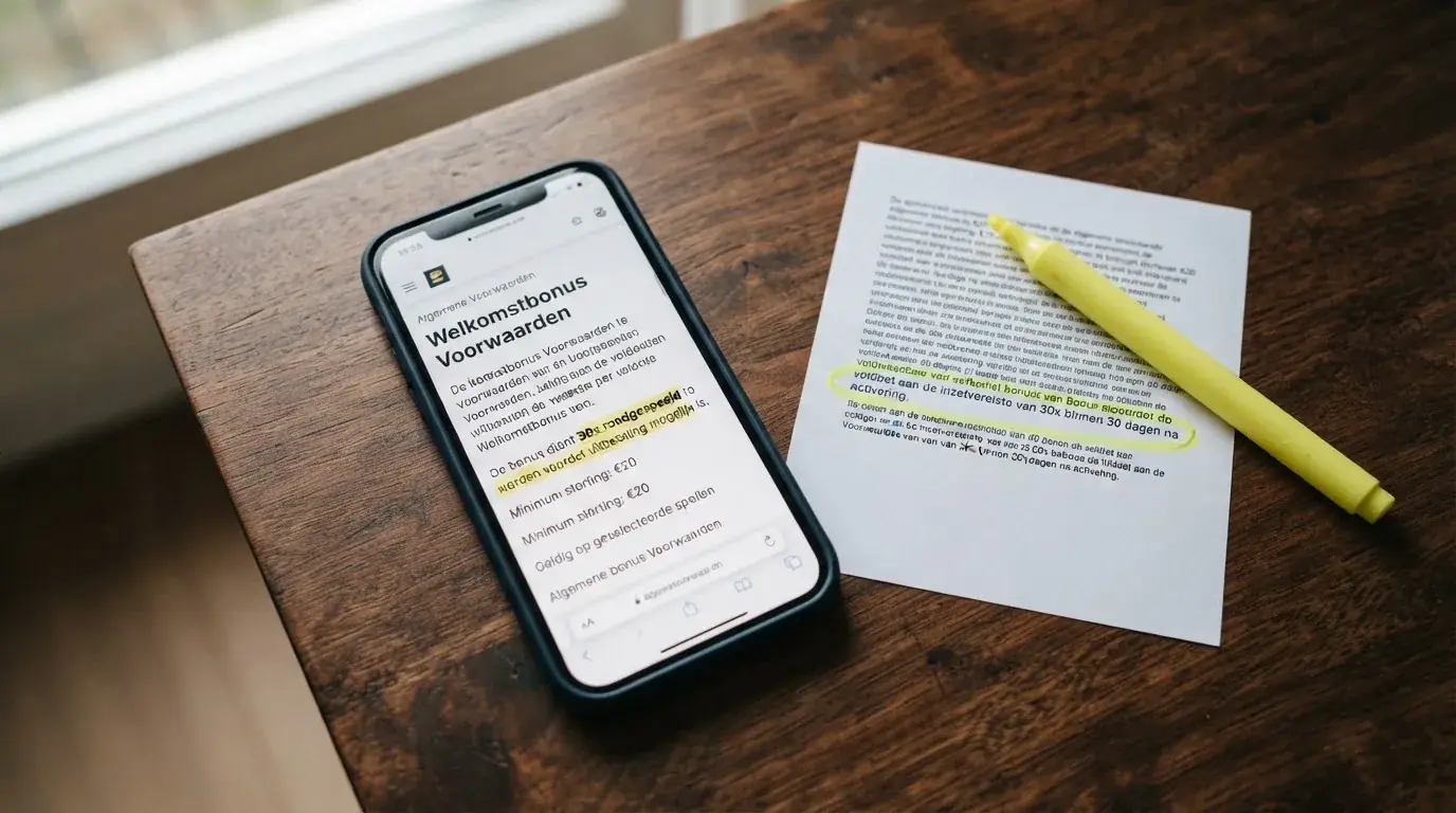 Een close-up van bonusvoorwaarden op een smartphonescherm met een markeerstift naast de rondspeelvoorwaarde