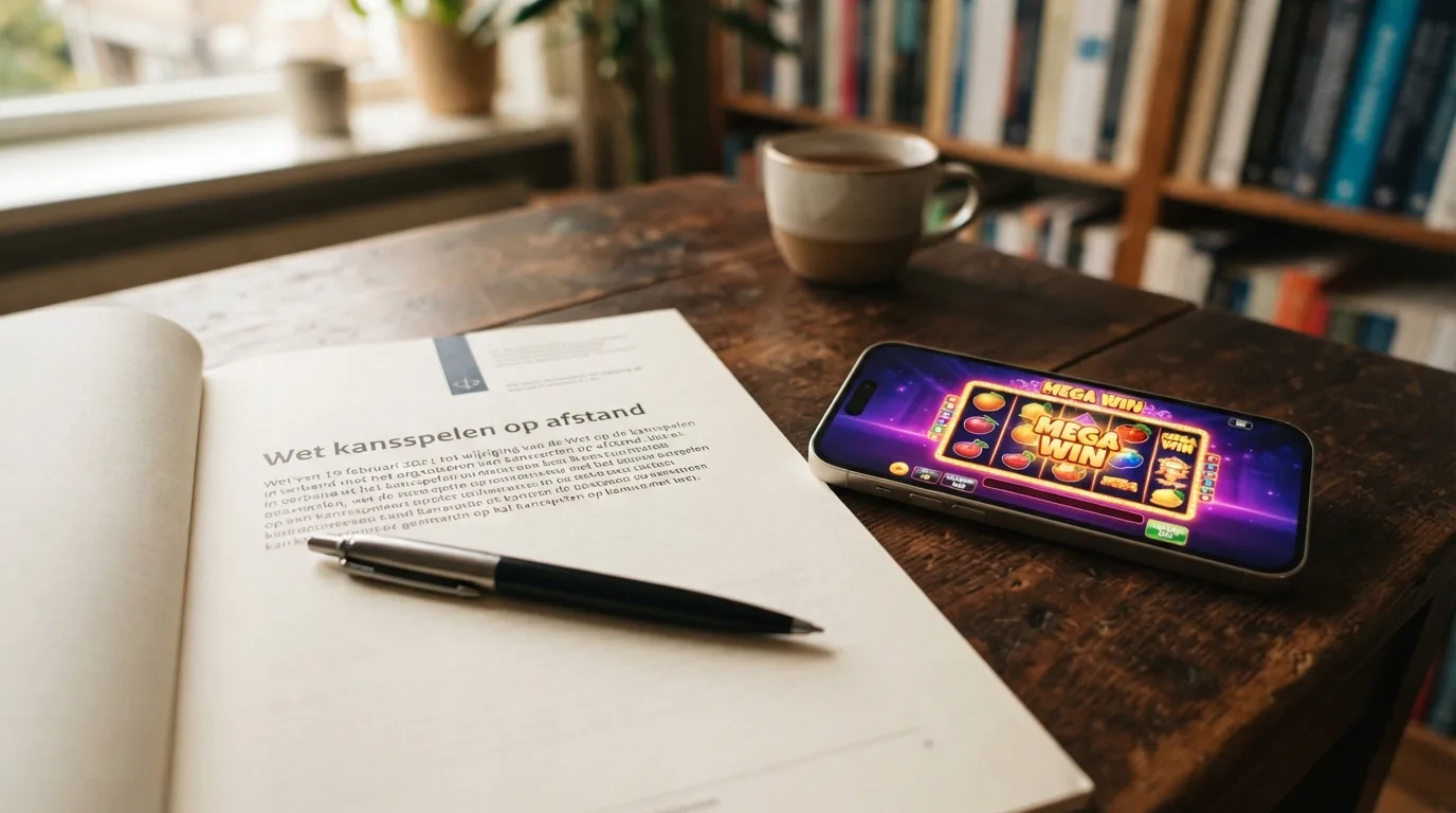 Een document met het opschrift 'Wet kansspelen op afstand' ligt op een bureau, met een pen en een smartphone die een casino-website toont.