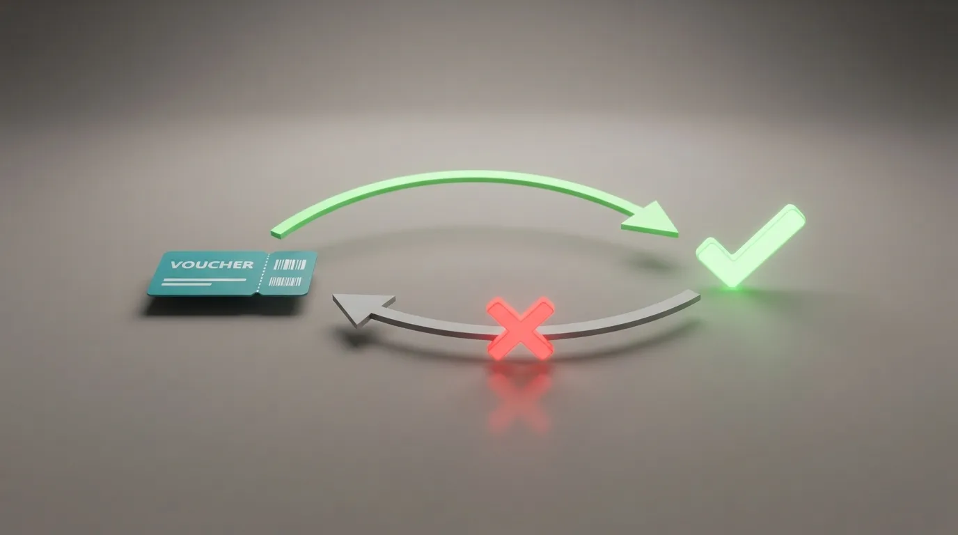 Een visuele weergave van het eenrichtingsverkeer: een pijl van een CashtoCode-voucher naar een casino-account (groen vinkje), en een geblokkeerde pijl terug (rood kruis)