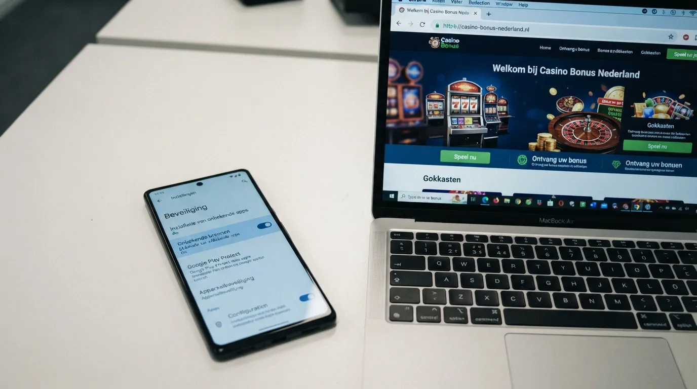 Het Android-instellingenscherm met de optie 'Onbekende bronnen' op 'toestaan', met daarnaast het slot-icoon van een beveiligde casino-website zichtbaar in de browser