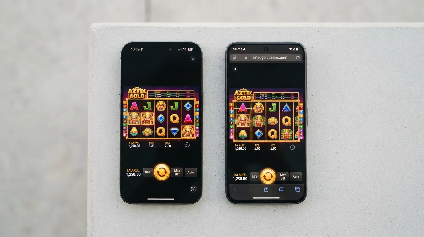 Een split-screen van dezelfde casinopagina: links in een casino-app, rechts in een mobiele browser, beide met hetzelfde gokkastspel