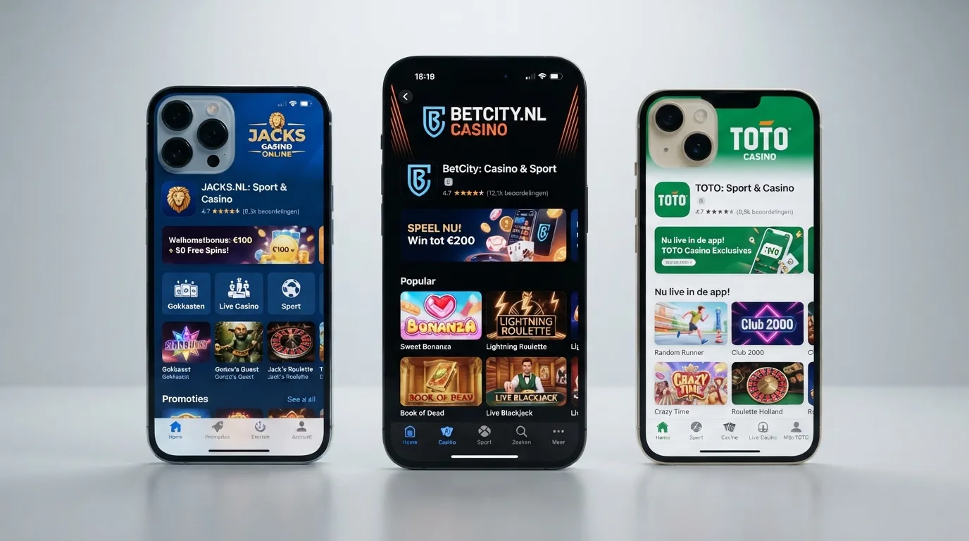 Een vergelijking van drie iPhone casino-apps naast elkaar op één scherm met zichtbare App Store-scores