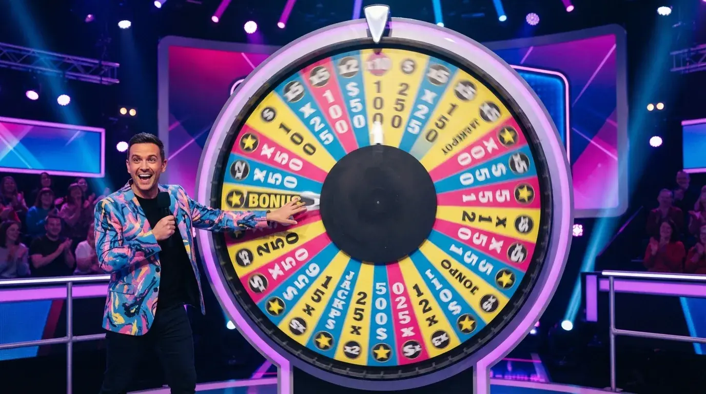 Het kleurrijke Crazy Time-rad met 54 segmenten, bonusvakken en een presentator ervoor in de studio