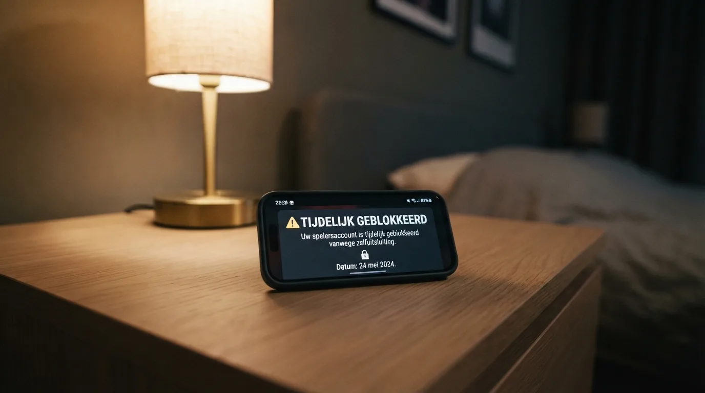 Een smartphone met een melding dat een spelersaccount tijdelijk is geblokkeerd vanwege zelfuitsluiting via het EPIS-register