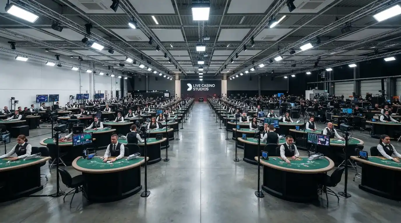 Rijen live-dealers aan speeltafels in een grote Evolution Gaming-studio met camerapods boven elke tafel