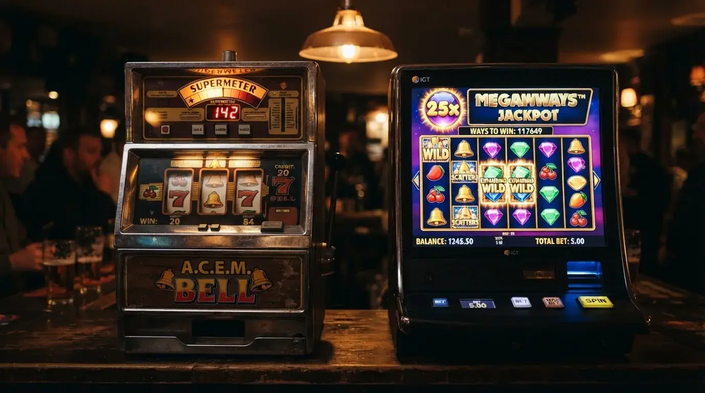 Een klassieke fruitautomaat met Supermeter naast een moderne Megaways-slot