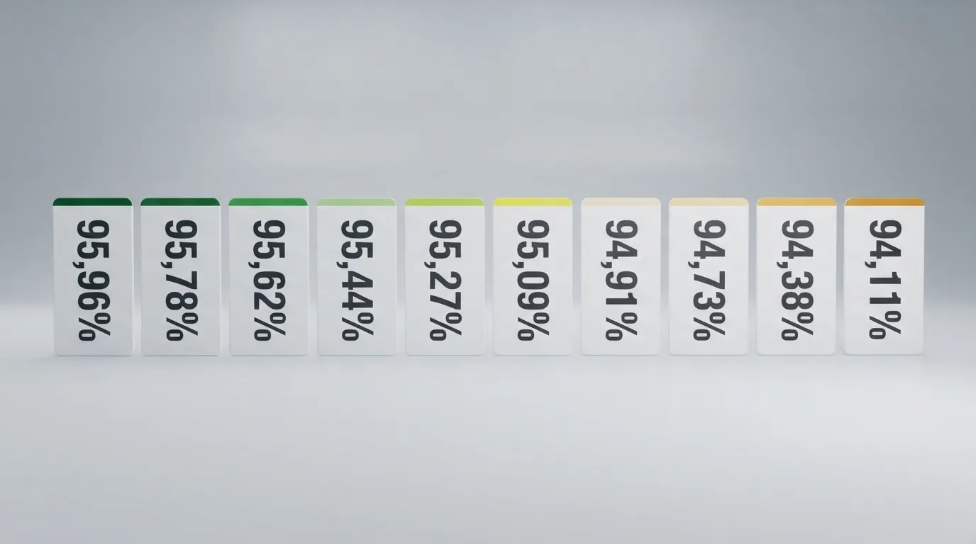 Tien kaartjes met casino-logo's gerangschikt van hoog naar laag gemeten RTP-percentage.