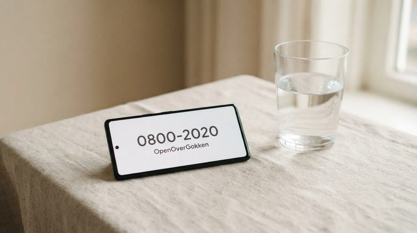 Een telefoon met daarop het nummer 0800-2020 van OpenOverGokken, tegen een rustige achtergrond met een glas water.