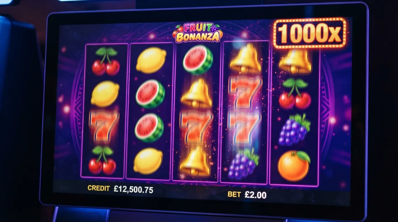 De rollen van een online gokkast met fruitsymbolen in demo-modus