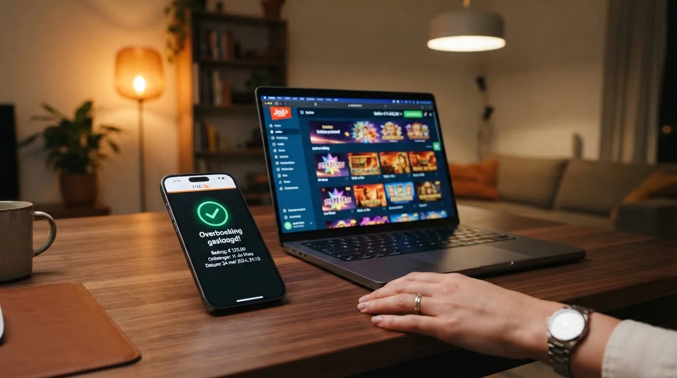Een iDEAL-bevestigingsscherm op een telefoon naast een casinopagina op een laptop