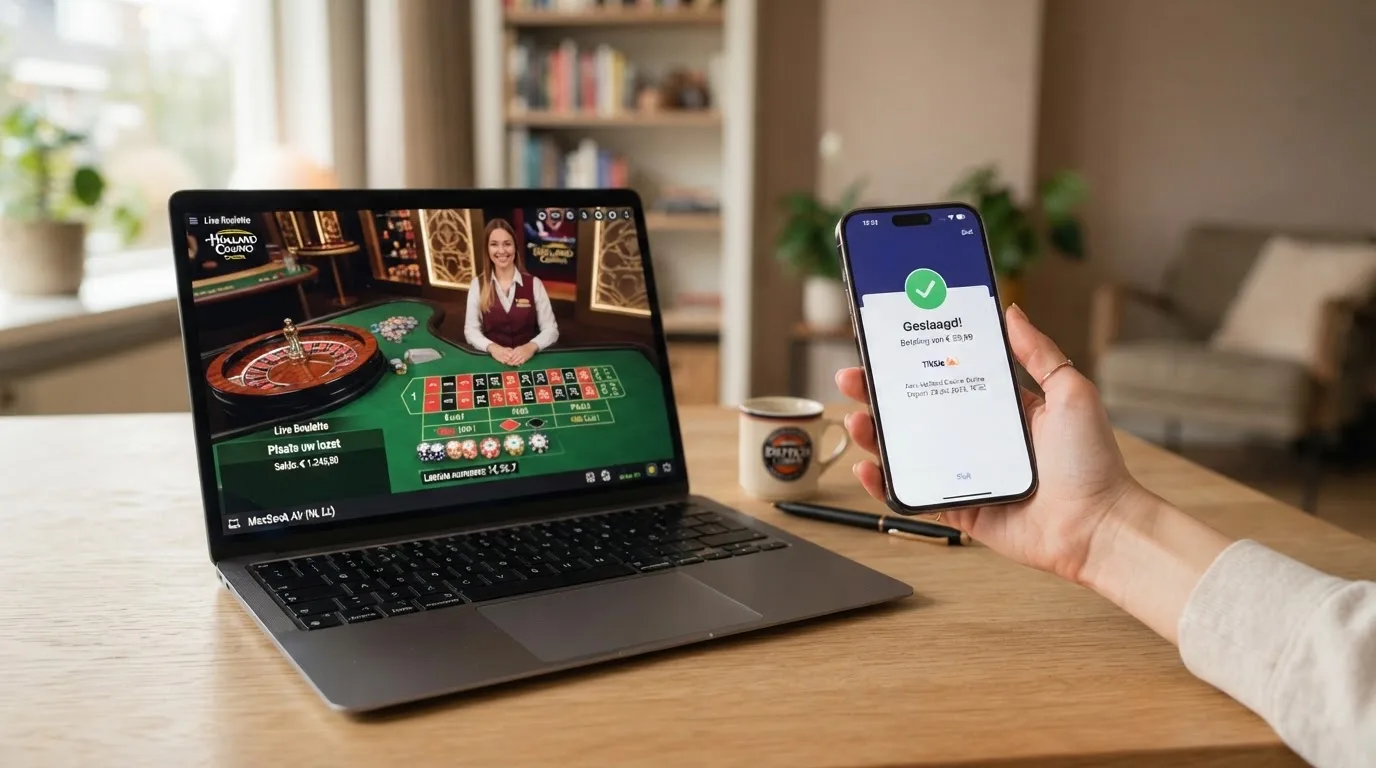 Een smartphone met het iDEAL-betalingsscherm naast een laptop met een Evolution live-casinospel op het scherm