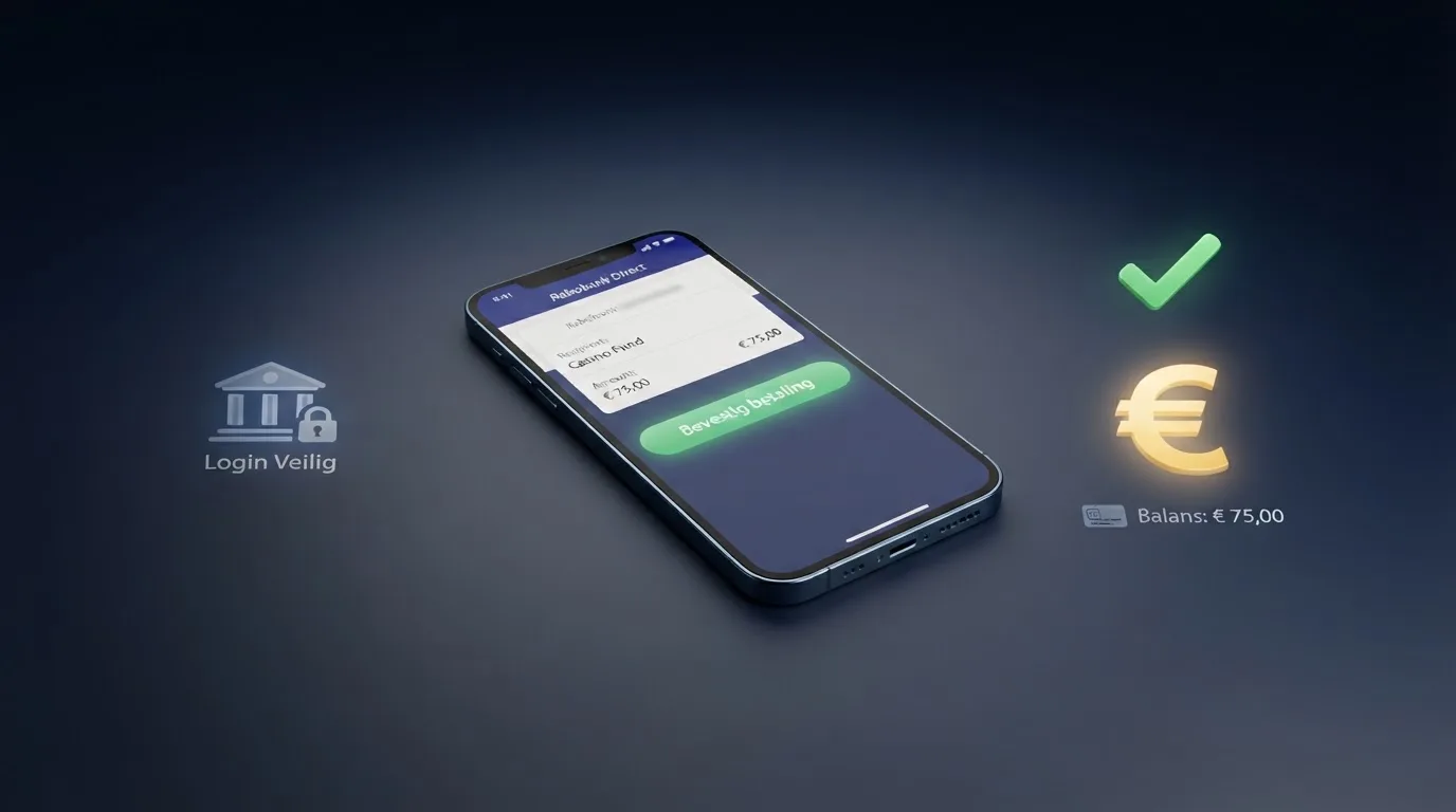 Een stapsgewijze weergave van het Sofort-betaalscherm: een gebruiker logt in de eigen bankomgeving in, bevestigt de betaling, en het saldo verschijnt direct in het online casino