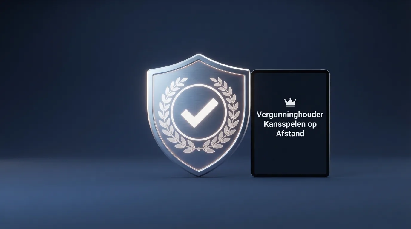 Het logo van de Kansspelautoriteit op een scherm naast de tekst 'Vergunninghouder Kansspelen op Afstand'