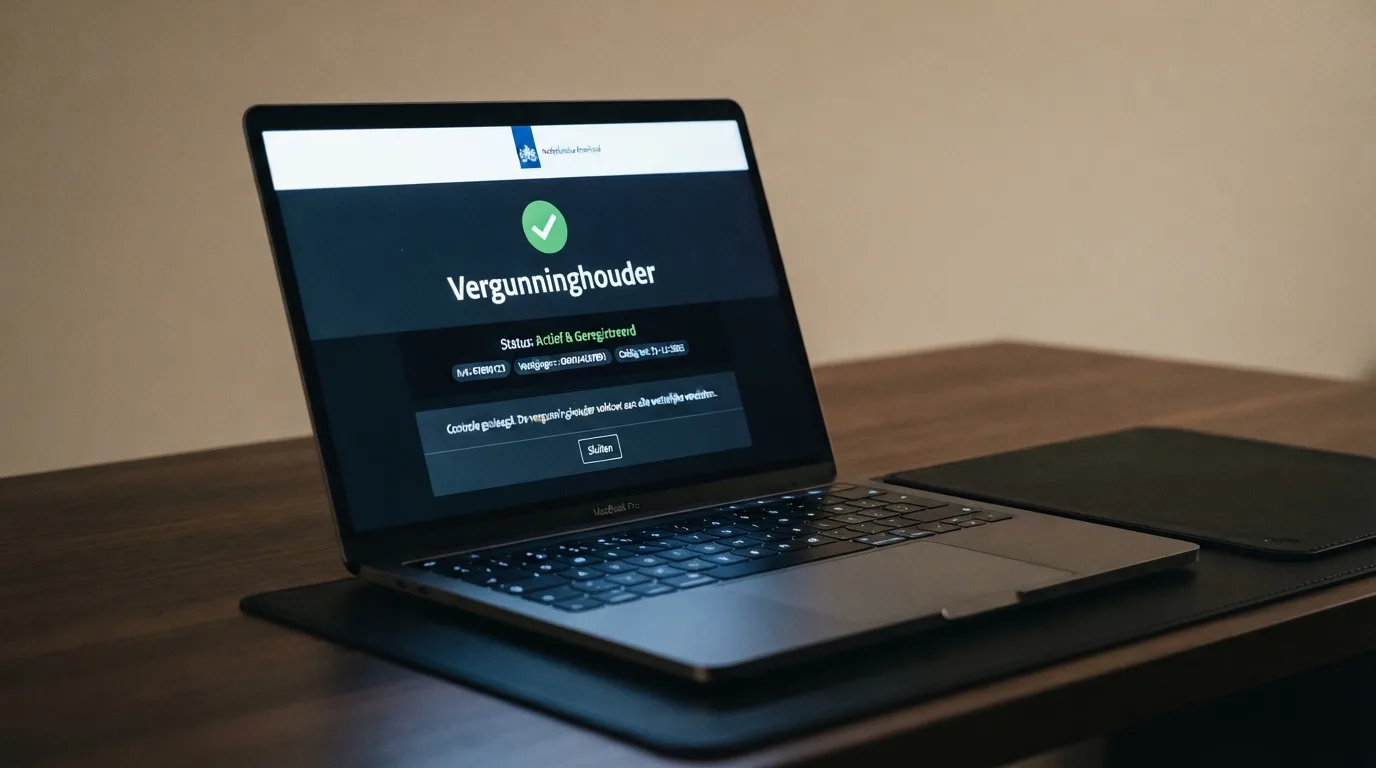 Het Ksa-logo naast een Nederlands paspoort op een casinoscherm, met een groen vinkje bij 'Vergunninghouder'