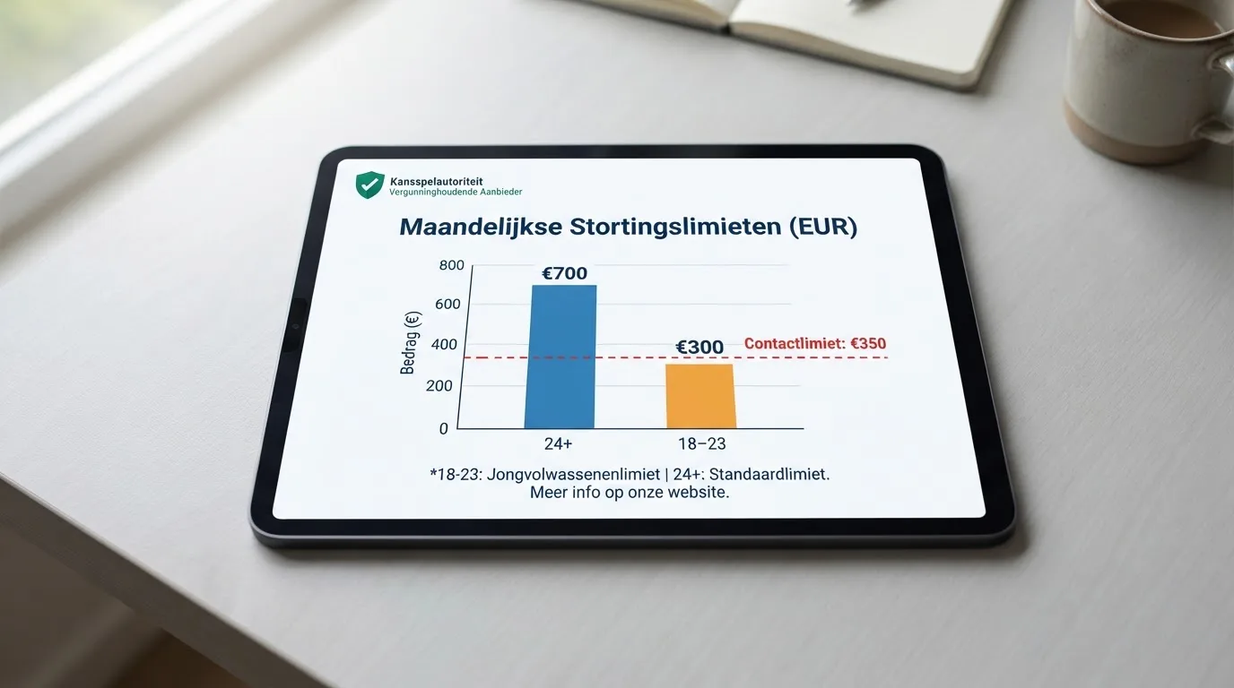 Een overzicht van de maandelijkse stortingslimieten per leeftijdsgroep op een vergund casino-scherm