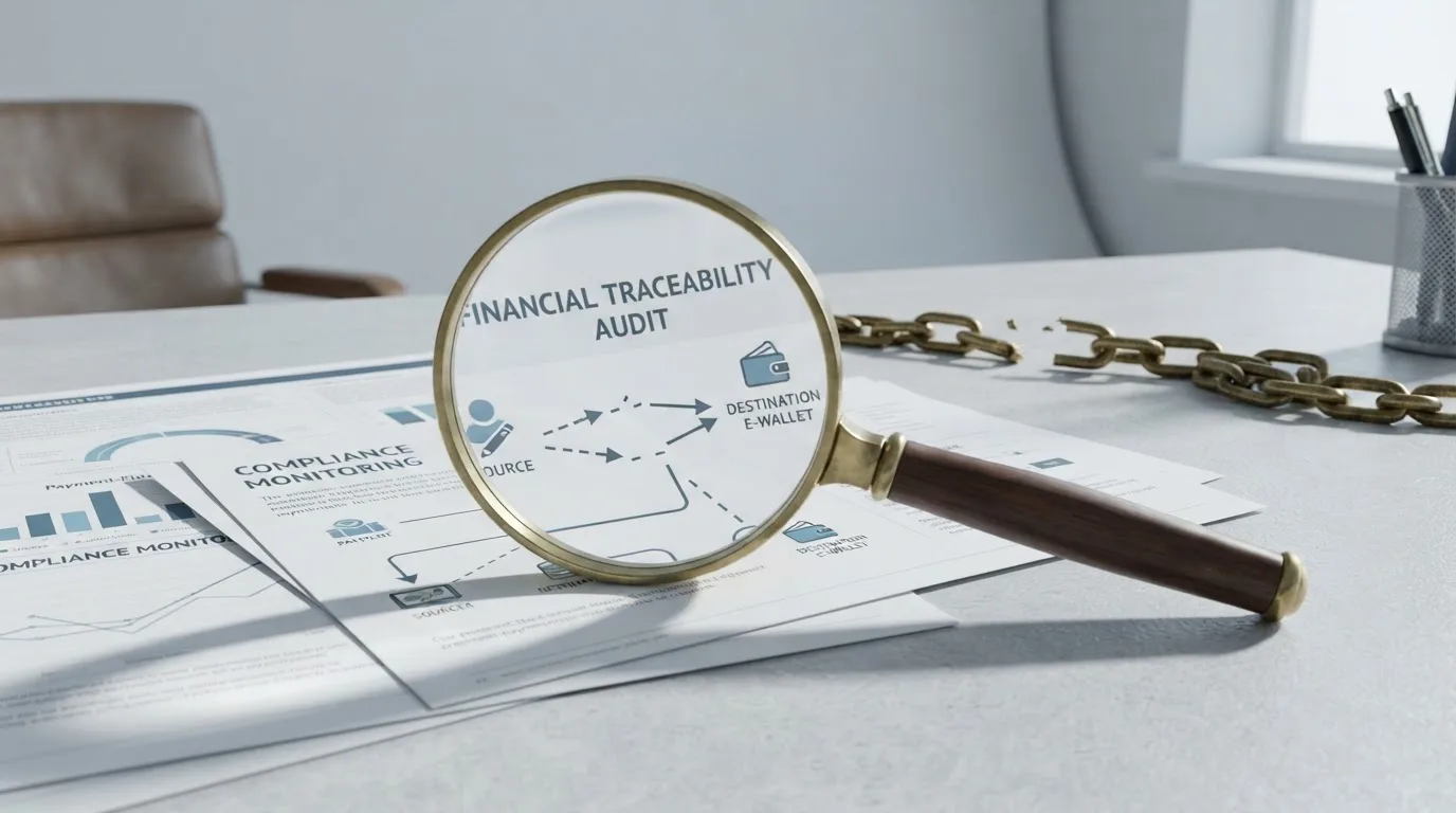 Een vergrootglas boven documenten met een onderbroken ketting van betaalstromen