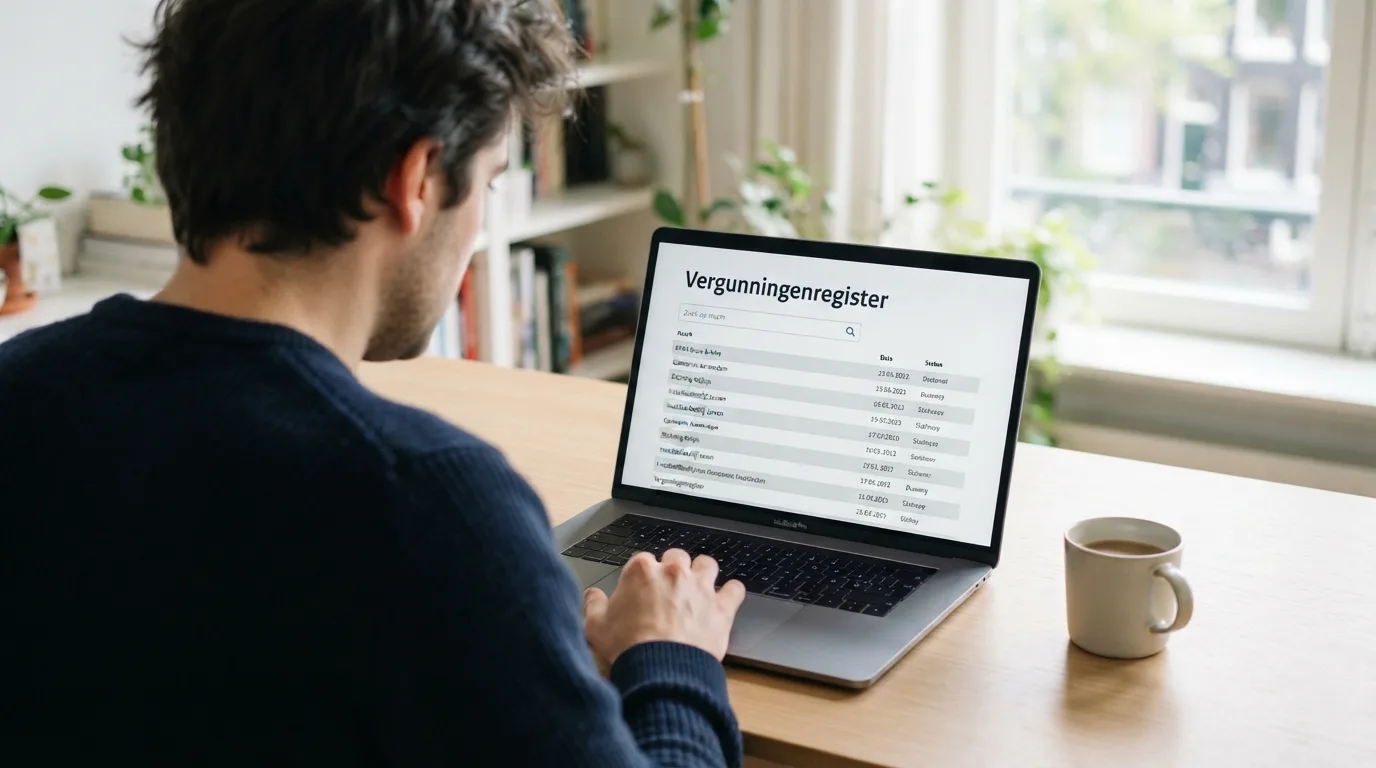 Het Ksa-vergunningenregister op een laptopscreen met een zoekveld