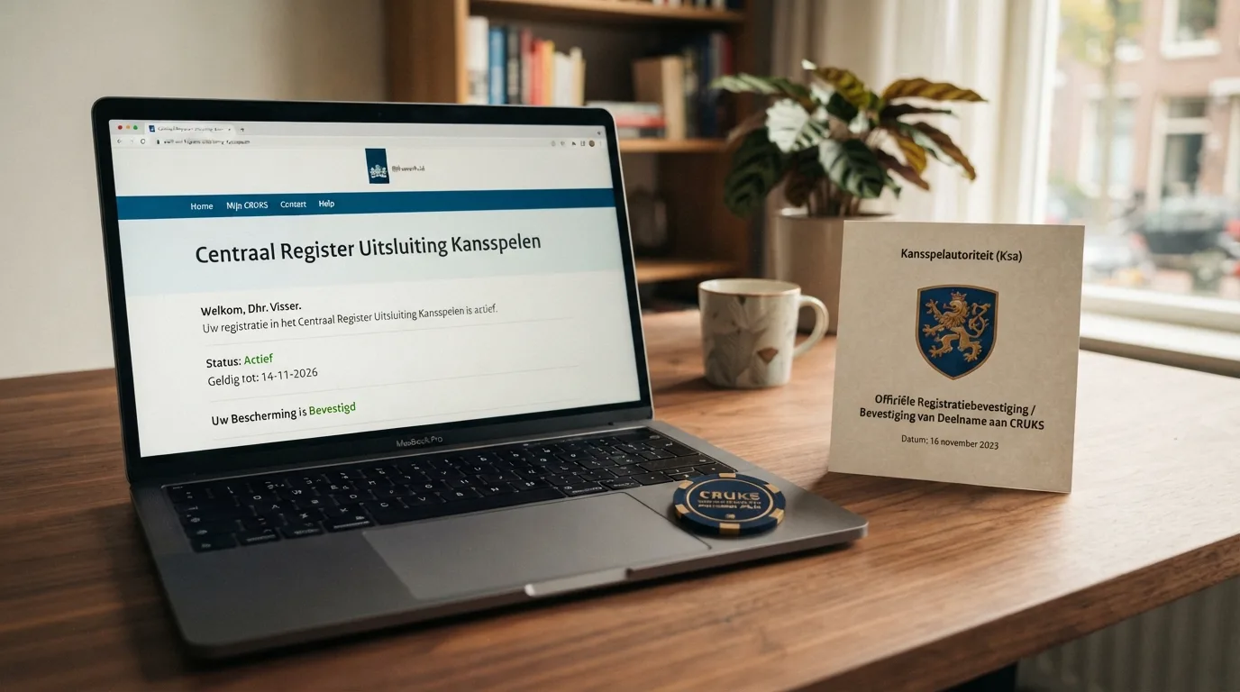 Het logo van de Kansspelautoriteit naast een scherm met het Cruks-register en de tekst “Centraal Register Uitsluiting Kansspelen”