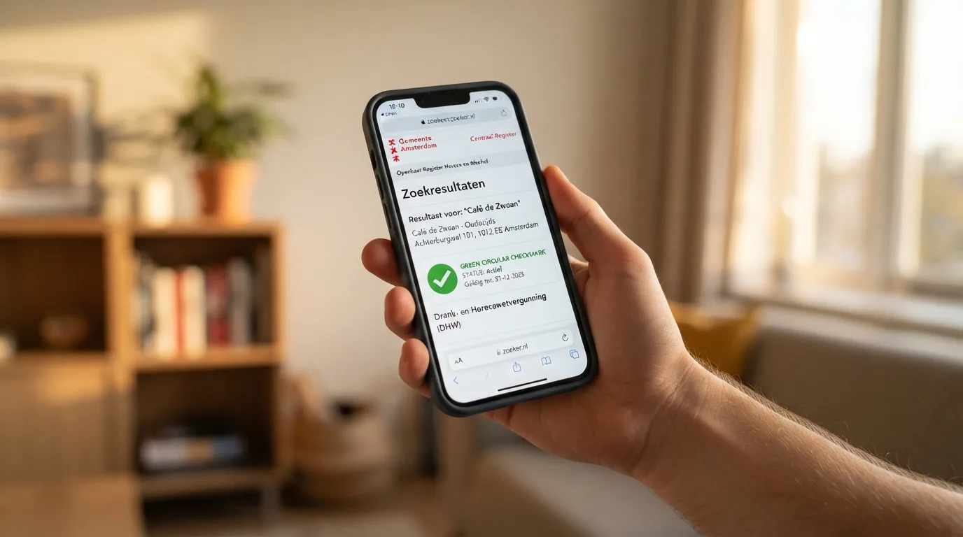 Een iPhone met het KSA-register op het scherm, met een vergunning zichtbaar in de zoekresultaten