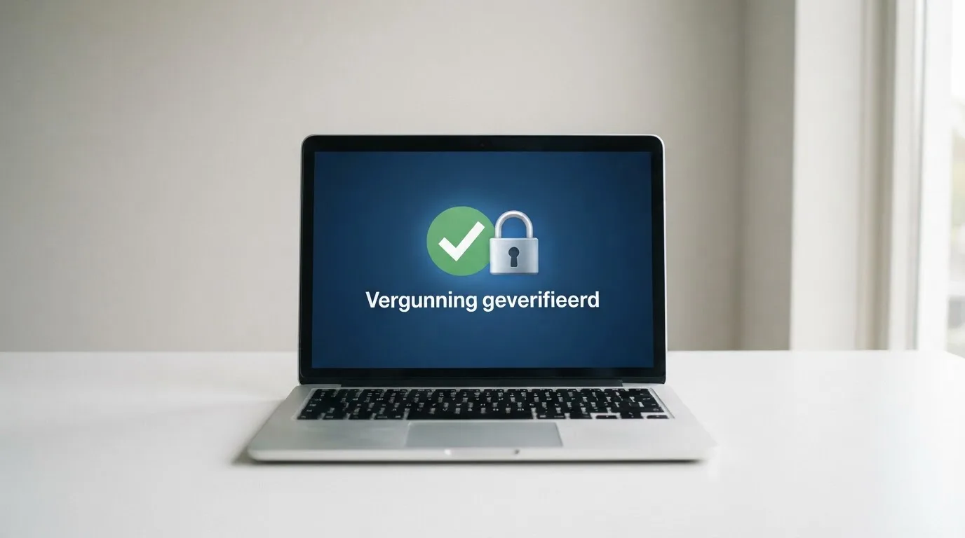 Een laptopscherm met het logo van de Kansspelautoriteit, een groen vinkje en een slotje-icoon