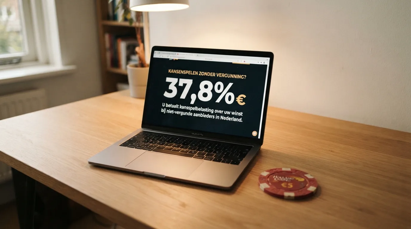 Het logo van de Kansspelautoriteit naast een belastingformulier op een laptopscherm
