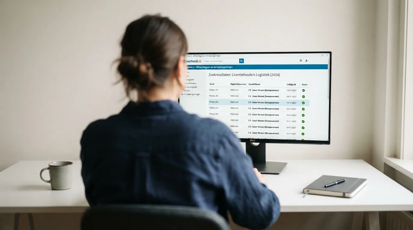 Het online vergunningenregister van de Kansspelcommissie op een beeldscherm, met een vergunningklasse A+ zichtbaar in de zoekresultaten