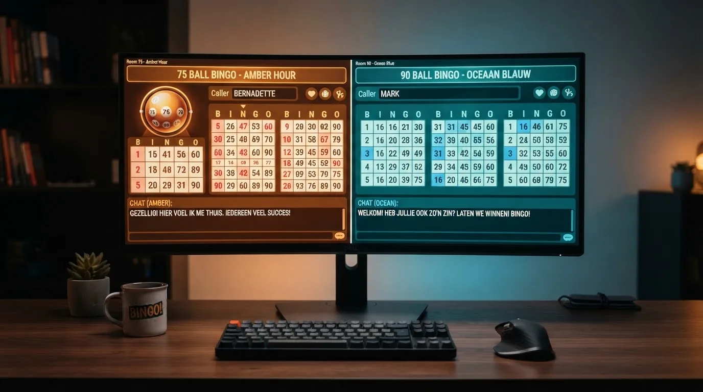 Een split-screen van twee bingo-interfaces: links de Winnitt-bingokamer van Playtech, rechts de Unibet-kamer van Relax Gaming