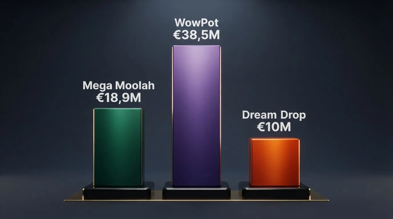 De drie grootste jackpotnetwerken — Mega Moolah, WowPot en Dream Drop — naast elkaar met hun recordbedragen