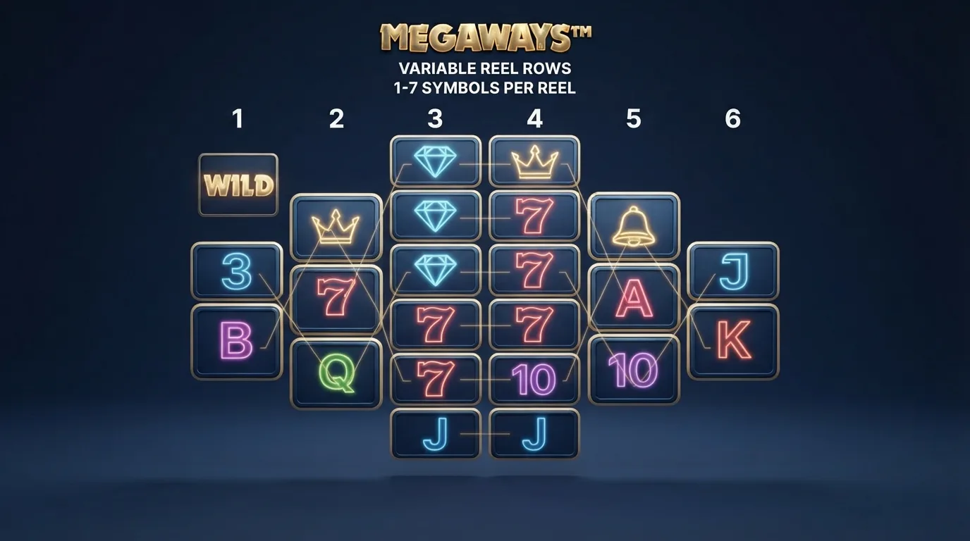 Schematisch Megaways-rooster met per rol een verschillend aantal symbolen