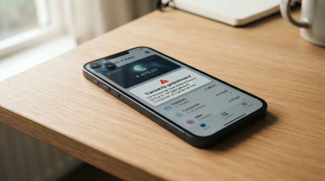 Neteller-wallet op een smartphone met een melding dat casinotransacties geblokkeerd zijn