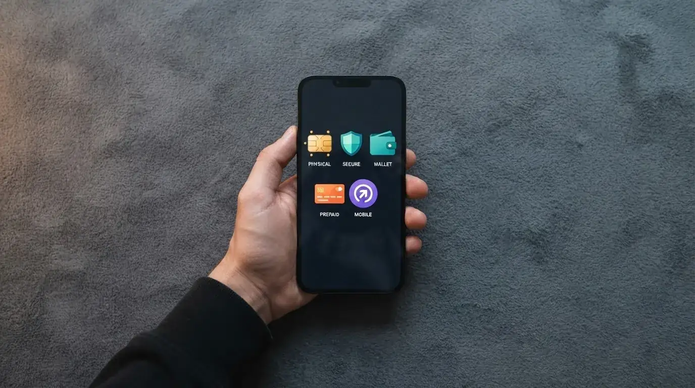 Een smartphone met daarop de logo's van Bitcoin, Ethereum, MiFinity, Jeton en Paysafecard — de betaalmethoden die beschikbaar zijn bij offshore casino's