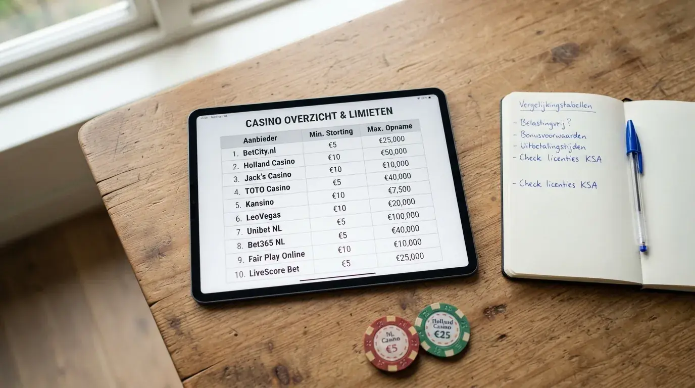 Vergelijkingstabel van tien offshore casino's met hun stortings- en opnamelimieten