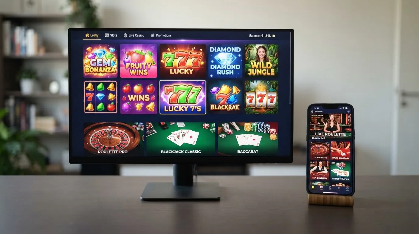 Een desktopscherm en een smartphone tonen naast elkaar een online casino-spellobby met slots, roulette en een live dealer-tafel