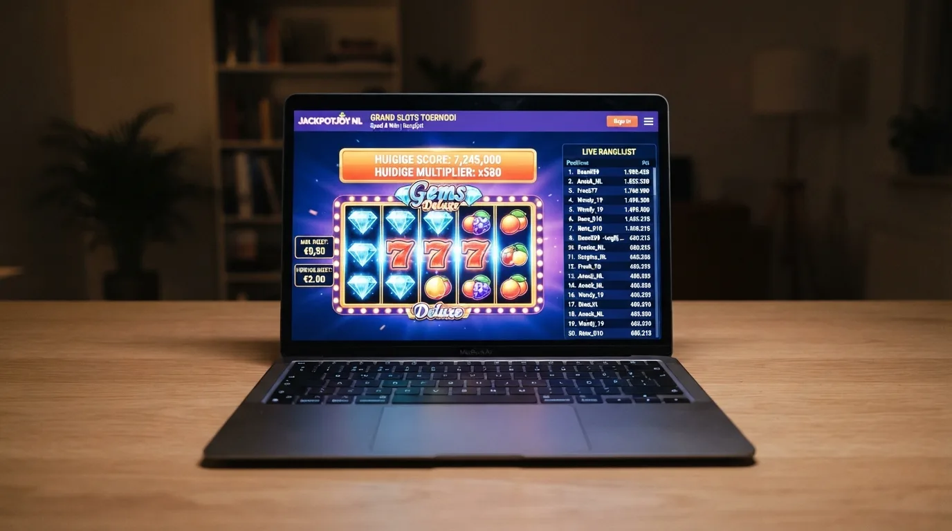 Een gokkasttoernooi-interface met multiplier-score, minimuminzet-weergave en een leaderboard met posities 1 tot en met 500