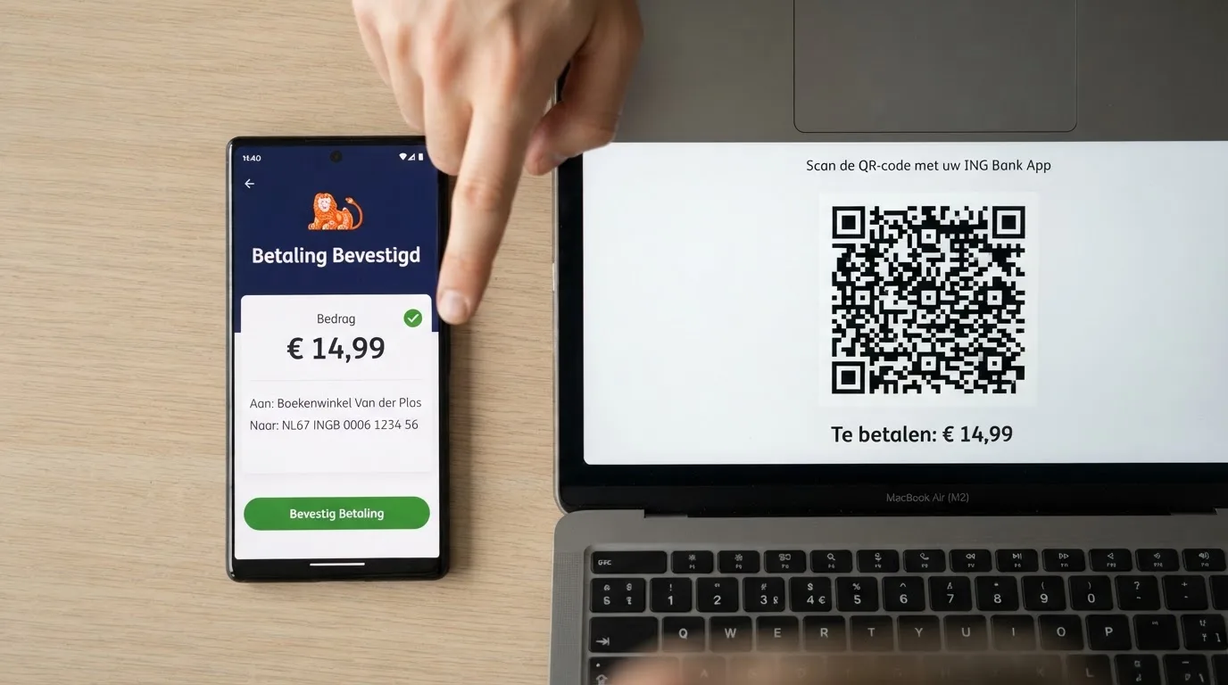 De stappen van een Bancontact-betaling: een QR-code scannen en bevestigen in een bankapp op de smartphone