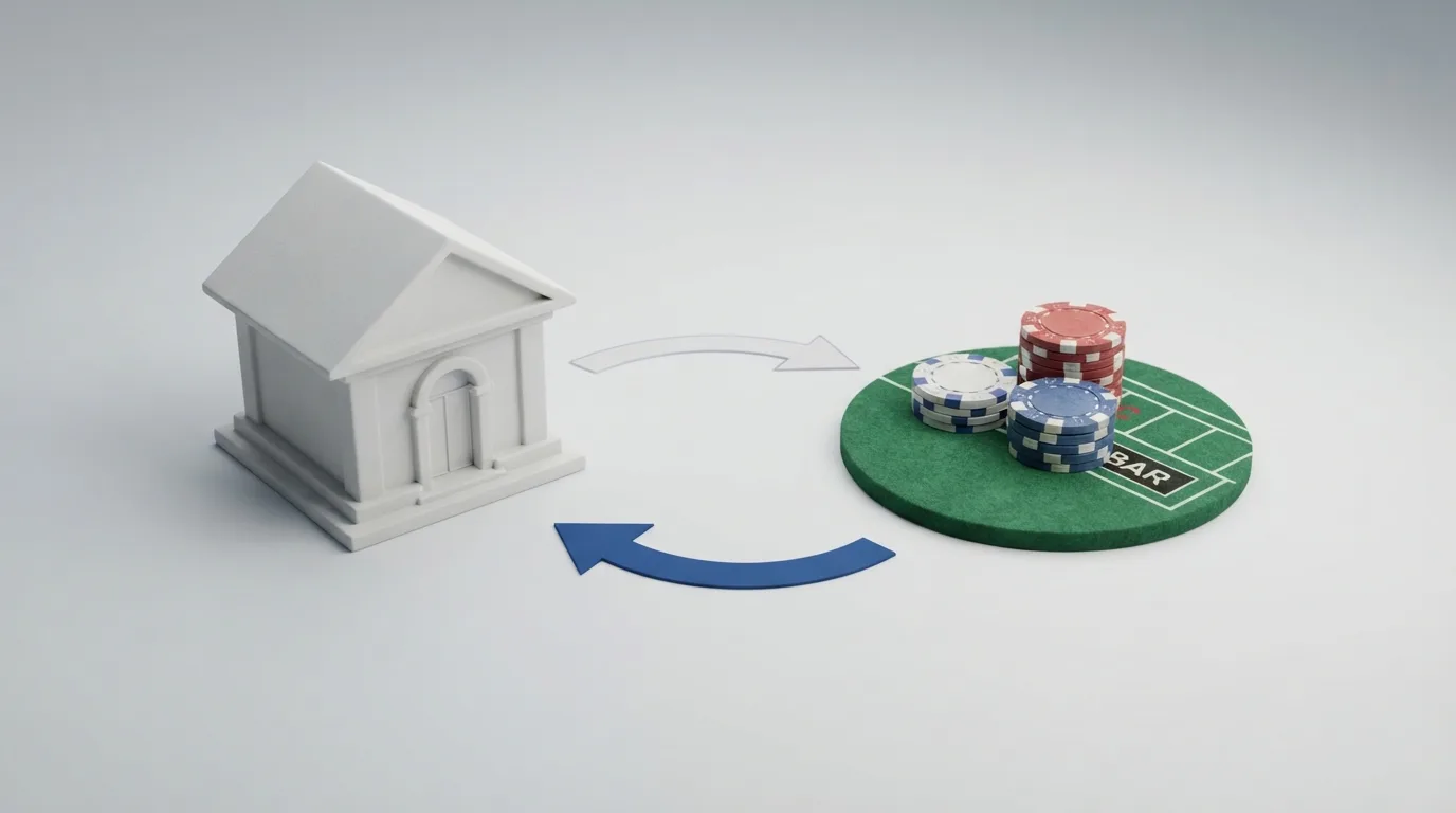 Een stroomschema dat de route van storting (van bank naar casino) en uitbetaling (van casino naar bank) visualiseert