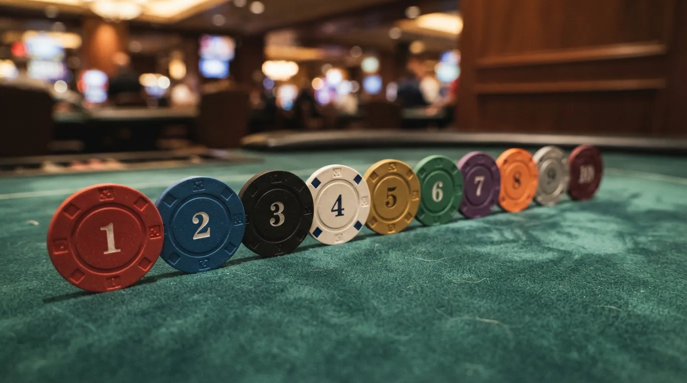 Tien genummerde fiches op een rij, elk voor een vergund online casino.