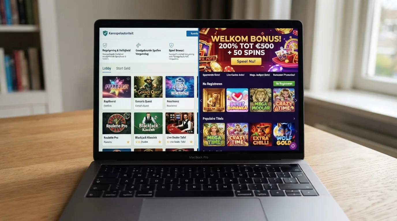 Een gesplitst scherm met links de interface van een Nederlands vergund casino en rechts een offshore casino-interface