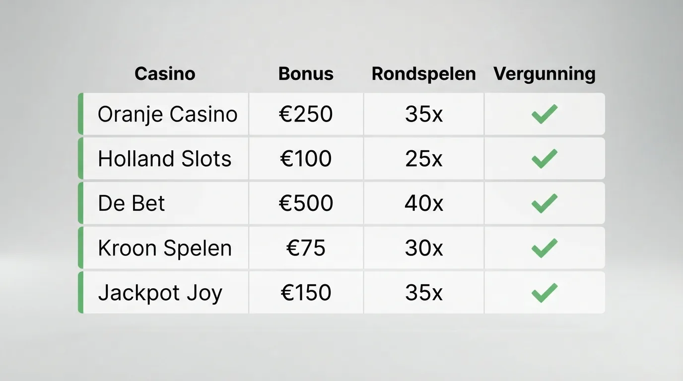 een vergelijkingstabel met welkomstbonus, rondspeelvoorwaarde en vergunning per casino