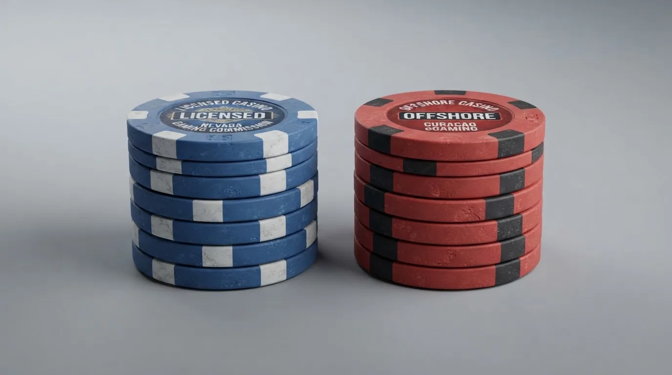 Twee kolommen: links casino's met Ksa-vergunning, rechts offshore casino's met buitenlandse licentie