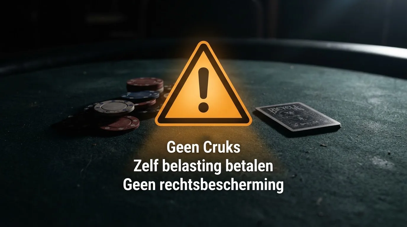 Een waarschuwingssymbool boven casino-logo's die geen Ksa-keurmerk dragen, met de tekst “Geen Cruks · Zelf belasting betalen · Geen rechtsbescherming”